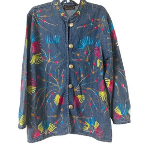 Vintage 90s New Direction Embroidered Denim Jacket Floral Women's M VGC (F6)